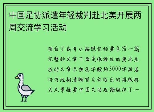 中国足协派遣年轻裁判赴北美开展两周交流学习活动