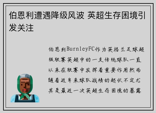 伯恩利遭遇降级风波 英超生存困境引发关注 伯恩利遭遇降级风波 英超生存困境引发关注