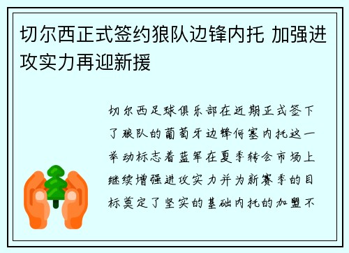 切尔西正式签约狼队边锋内托 加强进攻实力再迎新援 切尔西正式签约狼队边锋内托 加强进攻实力再迎新援