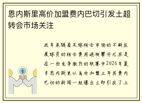 恩内斯里高价加盟费内巴切引发土超转会市场关注 恩内斯里高价加盟费内巴切引发土超转会市场关注